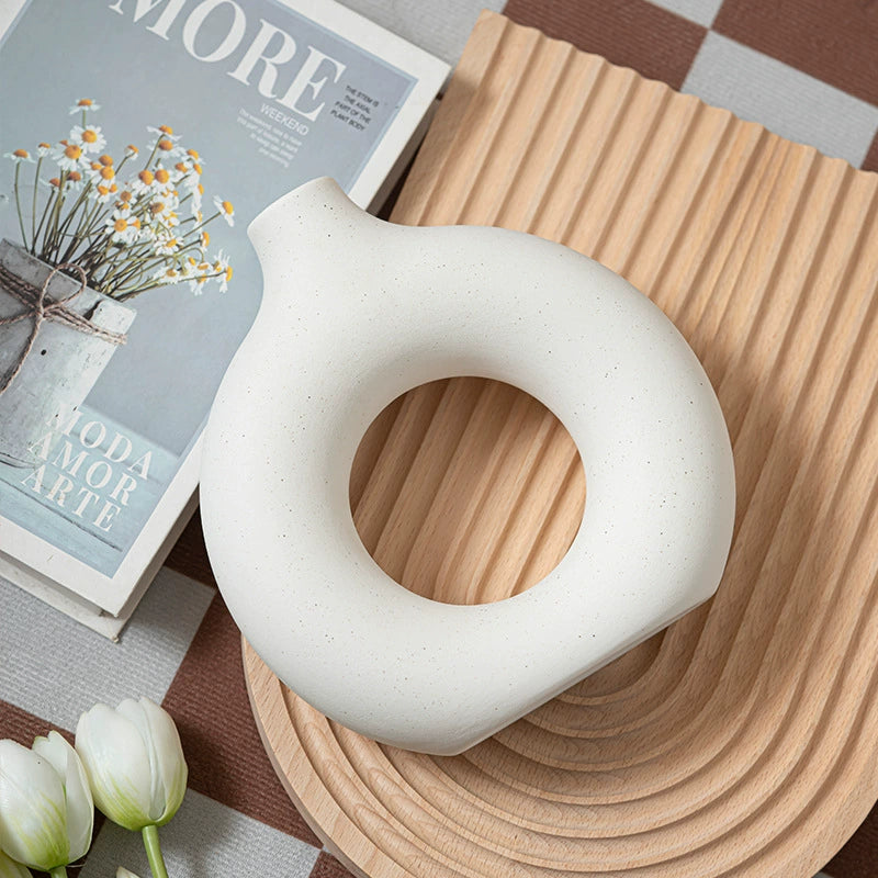 Modern Nordic Circle Ceramic Vase – Minimalist Hollow Sculpture Vessel