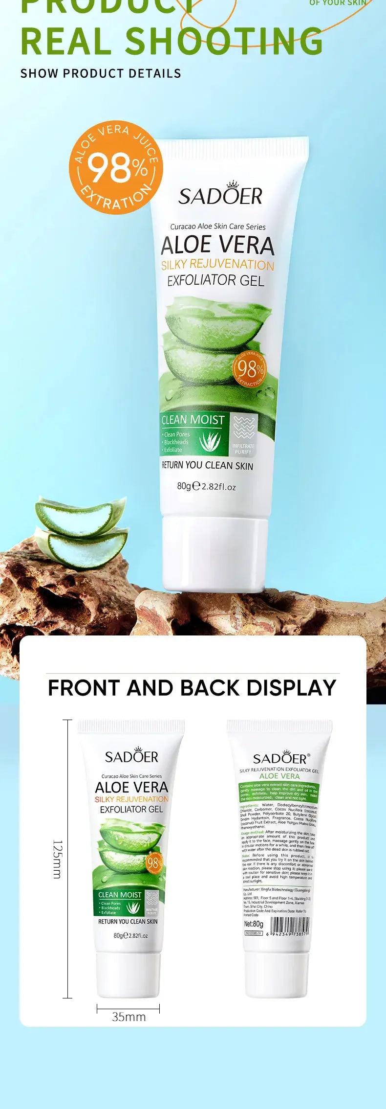 SADOER Exfoliating Aloe Vera Gel Facial Cleanser Deep Cleansing Exfoliant Gentle Tender Face Exfoliation Facial Exfoliator Femina Worldwide