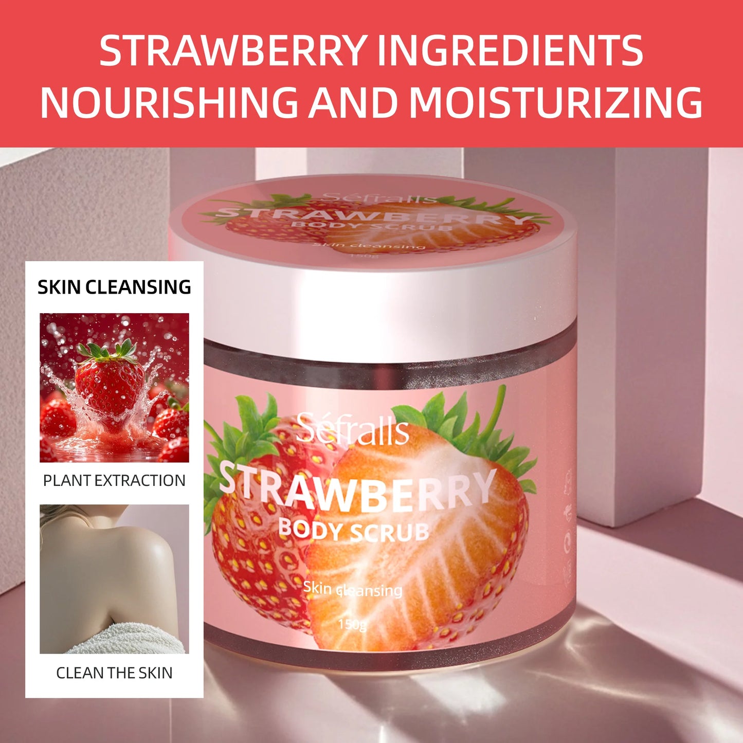 Séfralls Strawberry Body Scrub 150g Exfoliating & Hydrating Body Scrub, Sugar Scrub, Moisturize Smooth Cleansing Skin