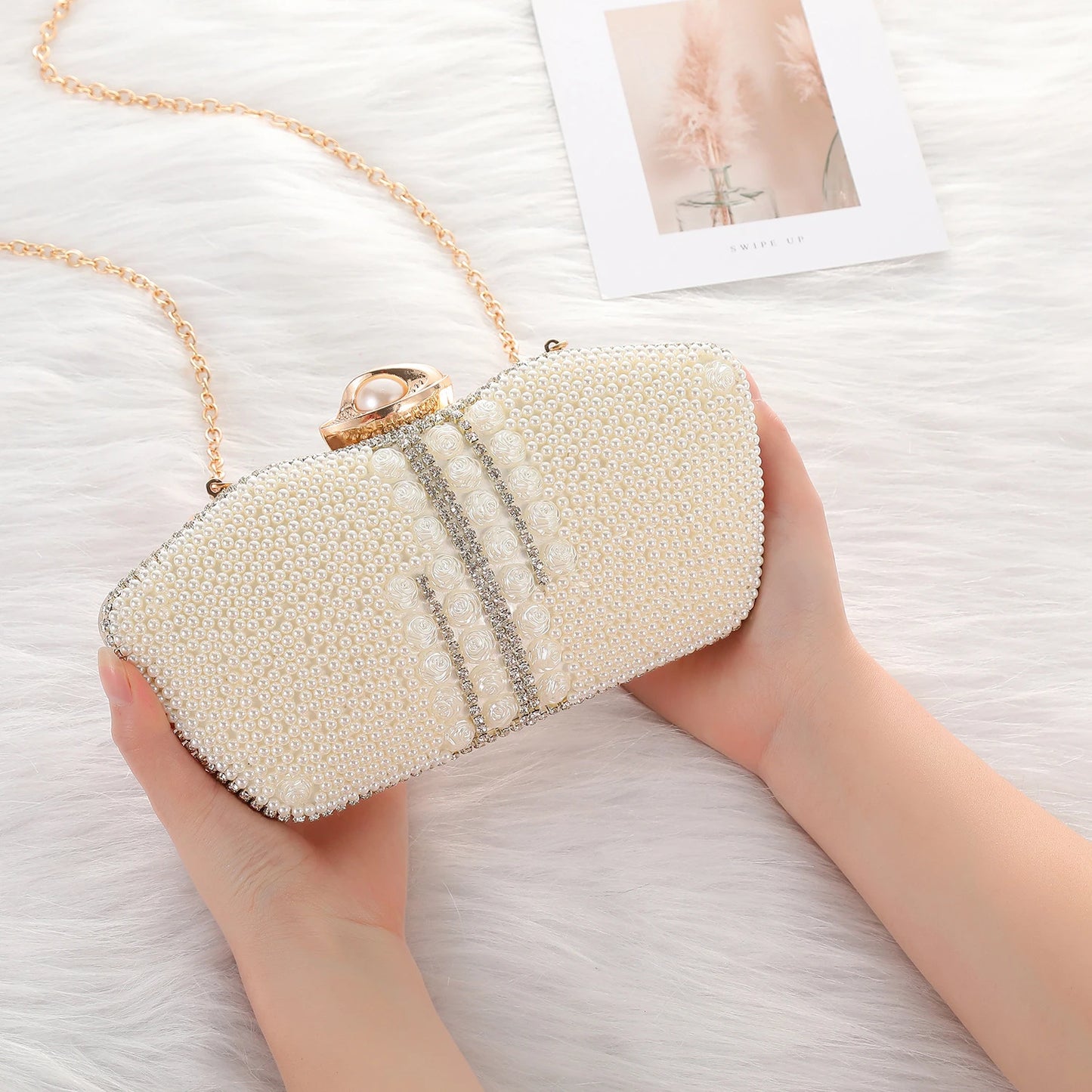 rhinestone evening bags Chain Clutch Bag Set with Diamond Pearl One Shoulder for Evening Wedding Party Dresses Made Crystal