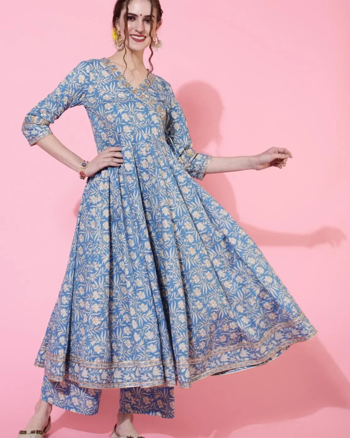 Indian Style Blue Pure Cotton Floral Dress With Printed Casual Daily Three Piece Set Shivering Indian Saree Indian Sari