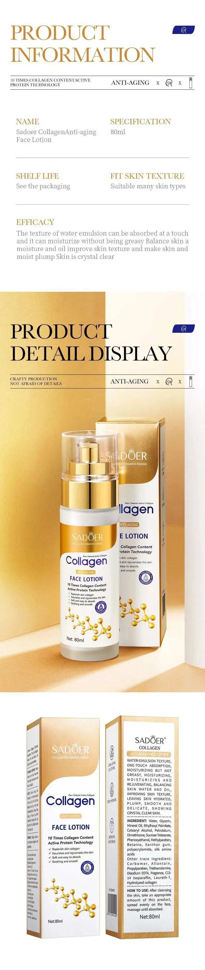 SADOER Collagen Facial Serum Face Lotion Moisturizing Face Emulsion Oil Control Water Replenishment Refreshing Facial Essence Femina Worldwide