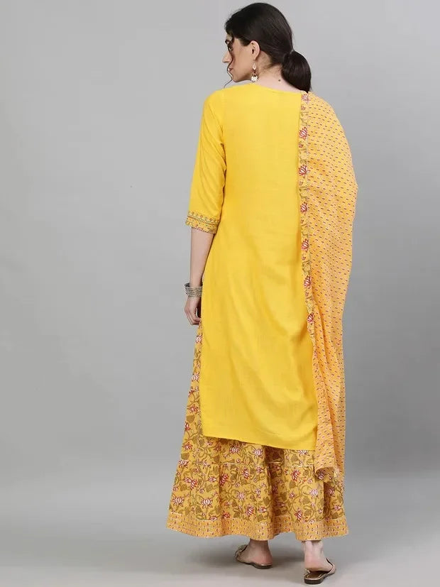 Indian Saree New Style Women's Indian Sari Suit Cotton Silk Round Neck Long Print Daily Casual Yellow Suit