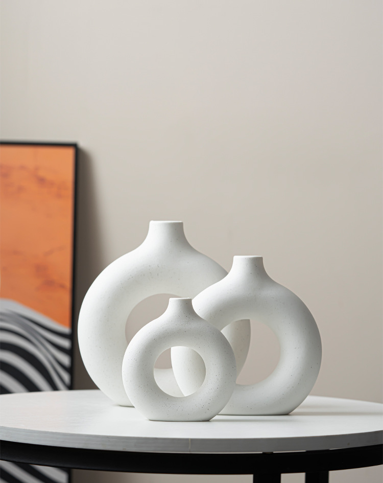 Modern Nordic Circle Ceramic Vase – Minimalist Hollow Sculpture Vessel