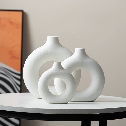 Modern Nordic Circle Ceramic Vase – Minimalist Hollow Sculpture Vessel