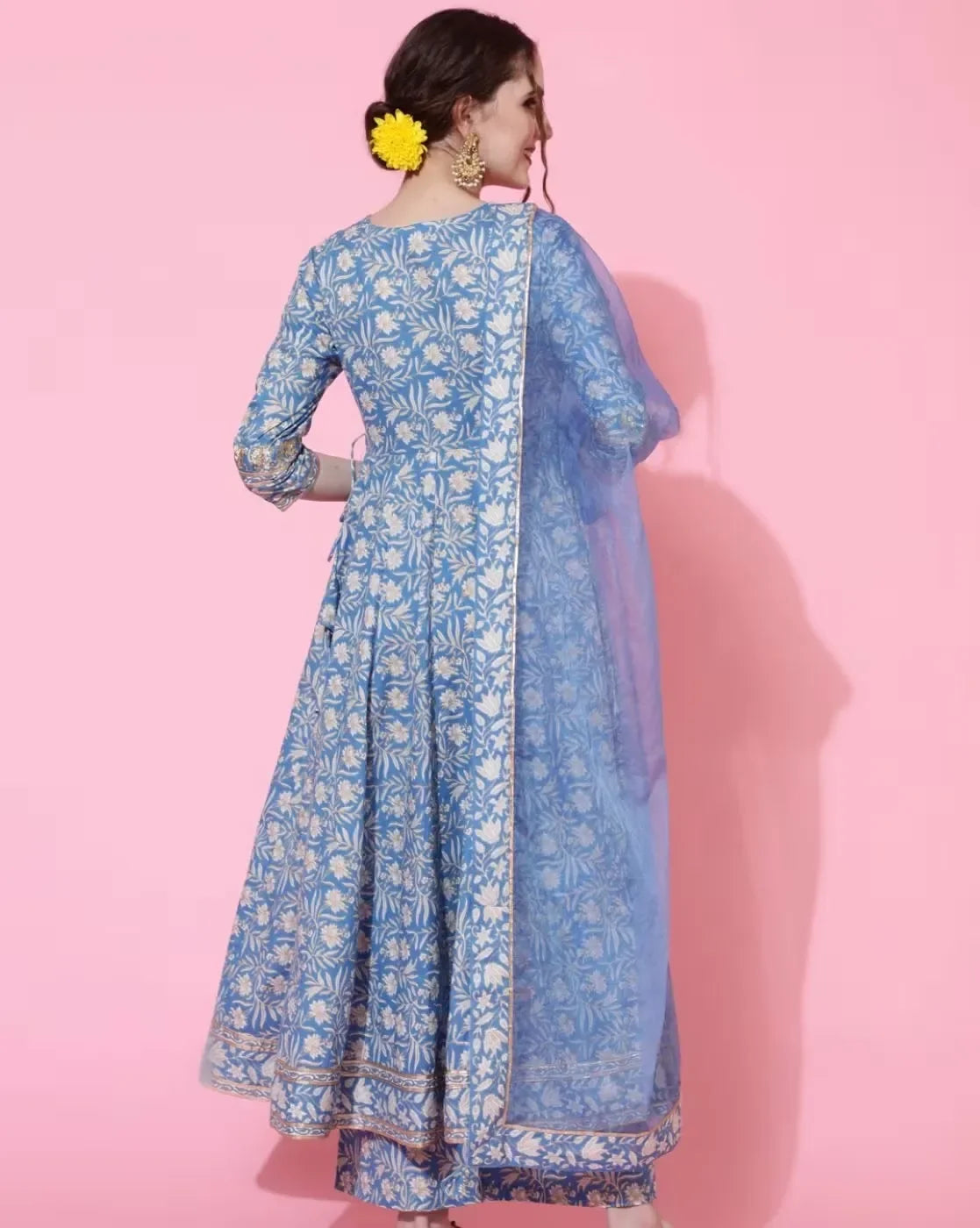Indian Style Blue Pure Cotton Floral Dress With Printed Casual Daily Three Piece Set Shivering Indian Saree Indian Sari