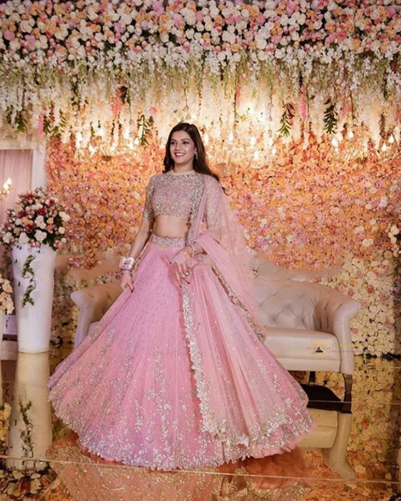 Traditional Two Pieces Pink Wedding Dresses With Wrap Lace Beaded