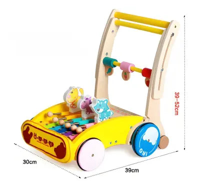 Wooden Baby Walker with Hammer-Action Xylophone – Push-Activated Musical Learning Toy for 6–18 Months (Yellow) Femina Worldwide