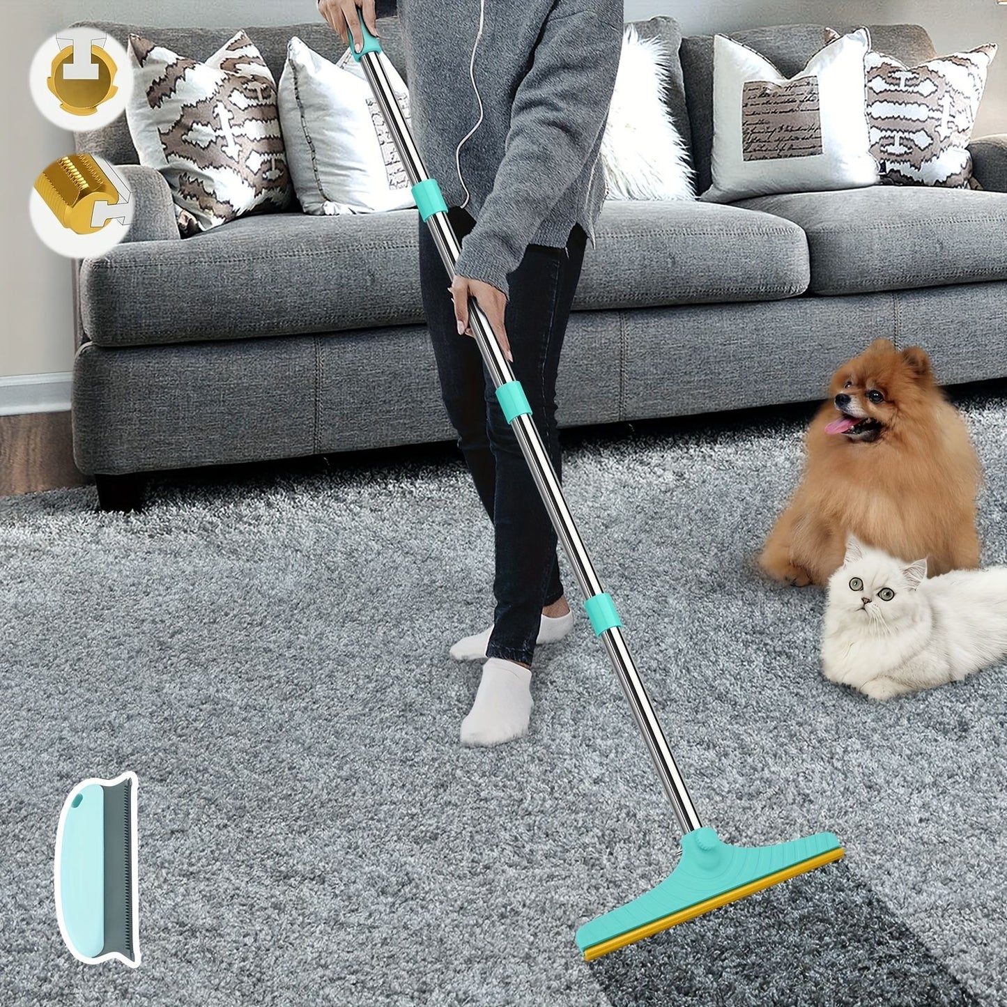Blue Yellow pet hair remover broom, pet cleaning supplies, pet hair removal, Australian pet owners, carpet pet hair cleaner, floor pet hair cleaner, pet hair broom Australia, pet hair brush, lint remover broom