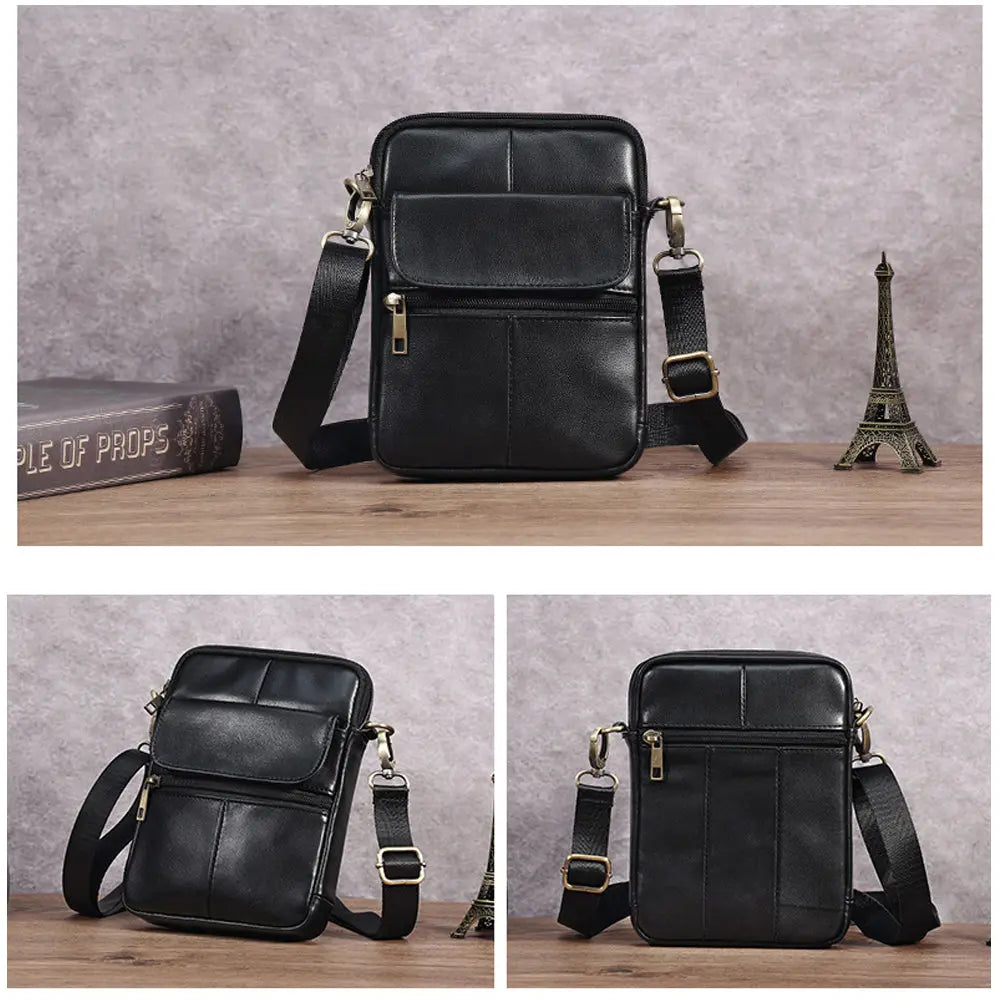 Genuine leather men's crossbody bag oiled wax leather Satchel Crossbody Bag (Black) Femina Worldwide