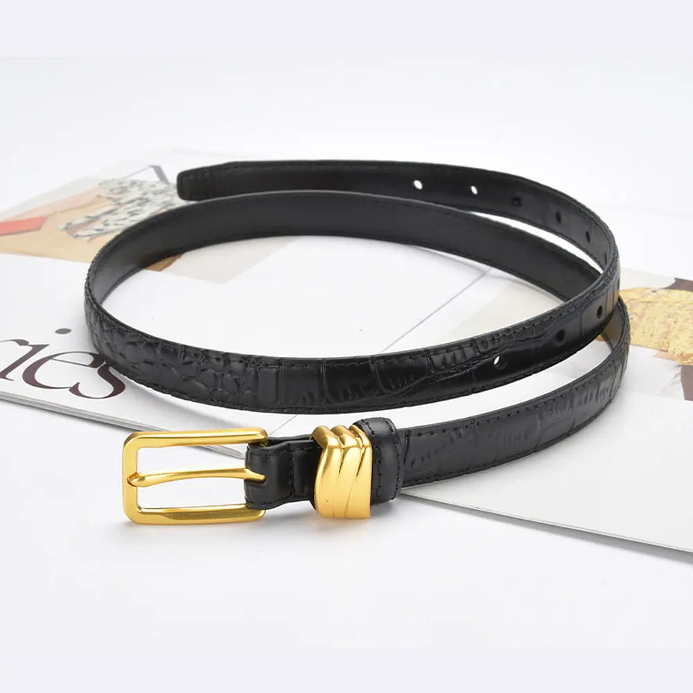 Genuine leather with Crocodile pattern pin buckle thin belt jeans belt for women (Black) Femina Worldwide
