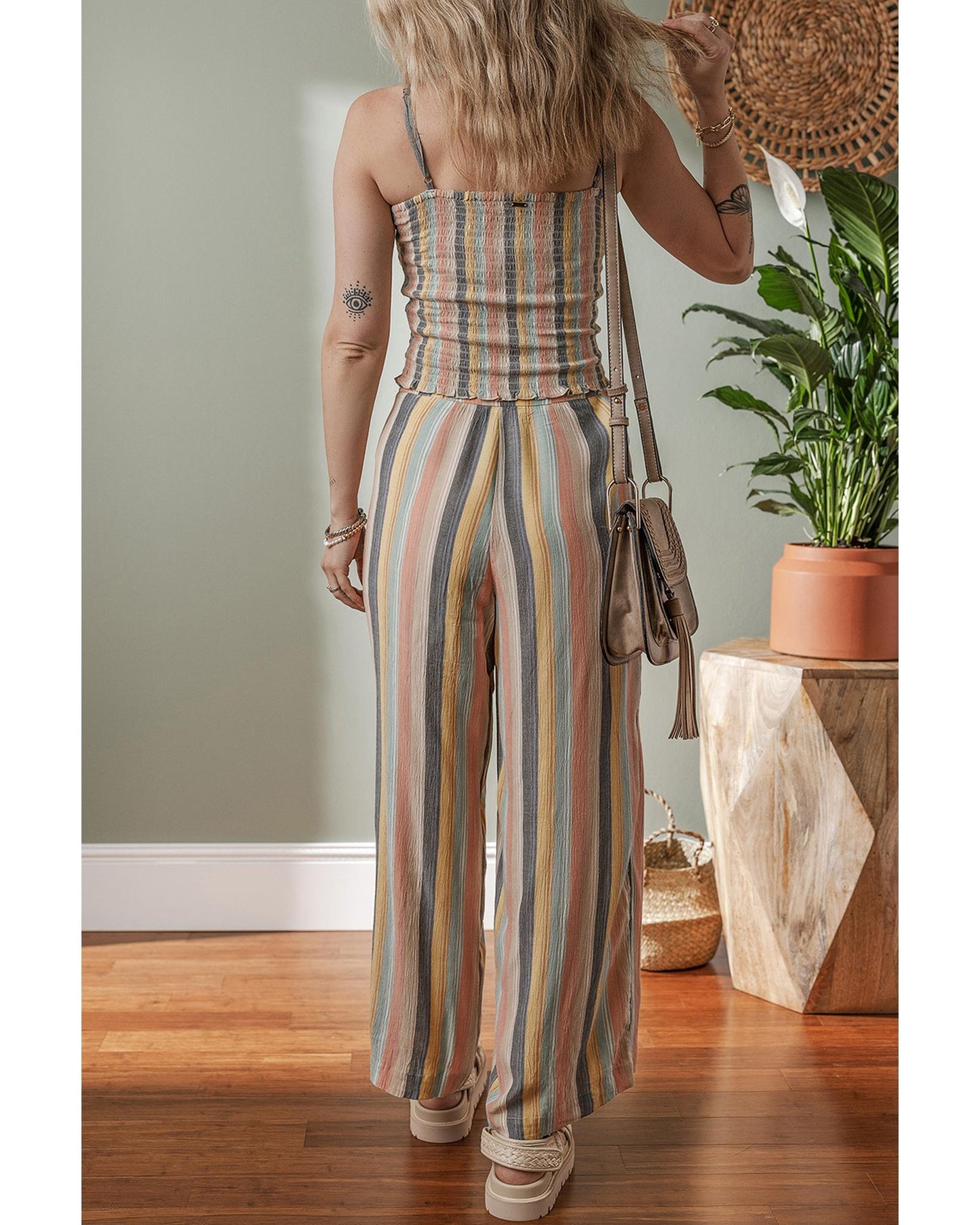 Multicolour Vertical Striped Smocked Cami Top Wide Leg Pants Set - XL