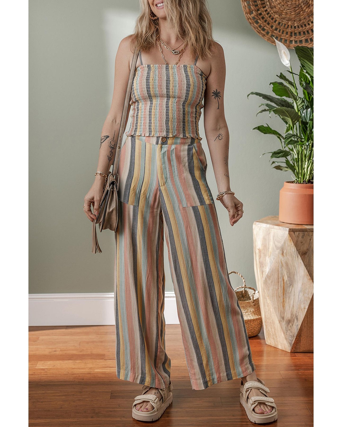 Multicolour Vertical Striped Smocked Cami Top Wide Leg Pants Set - XL