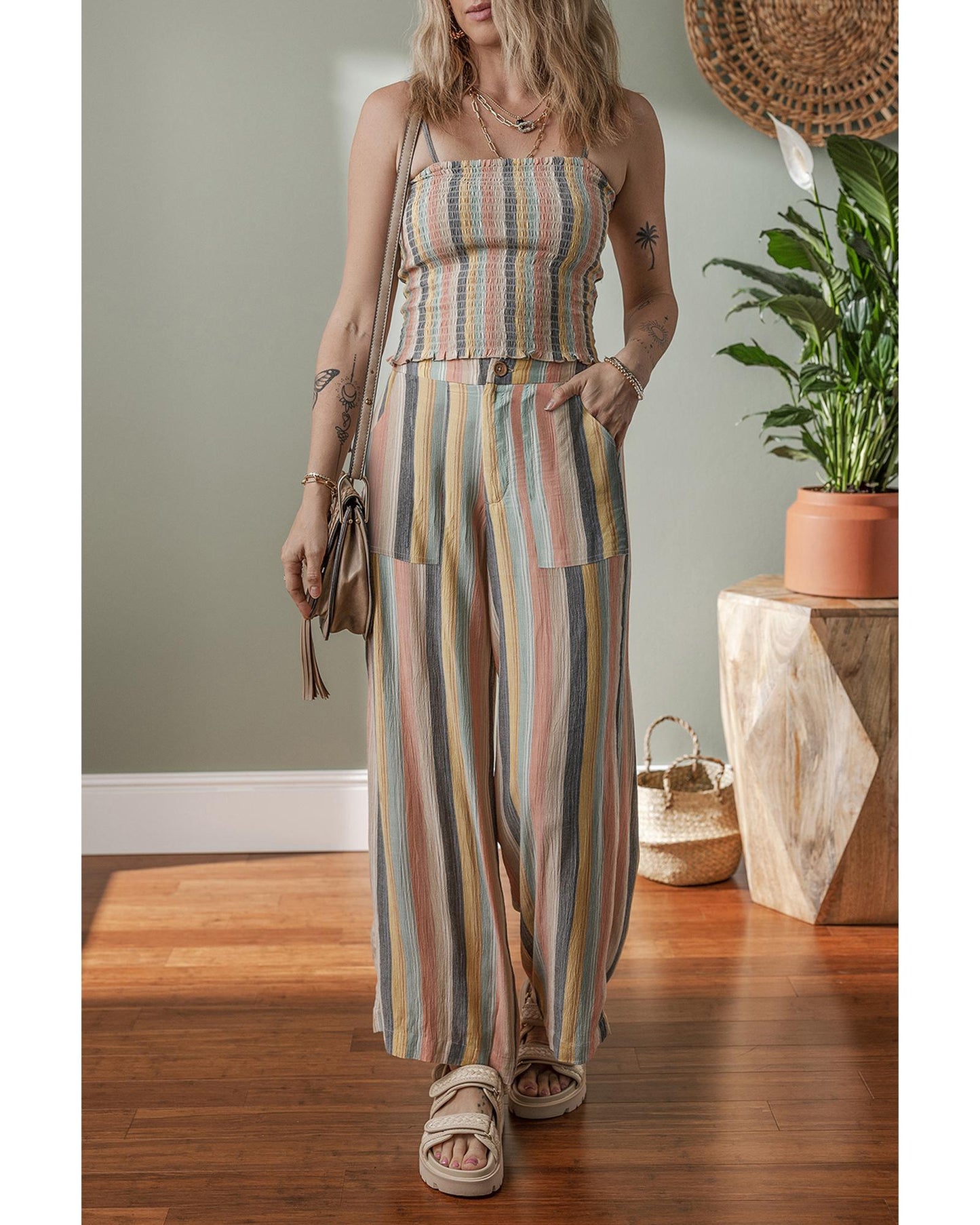 Multicolour Vertical Striped Smocked Cami Top Wide Leg Pants Set - XL