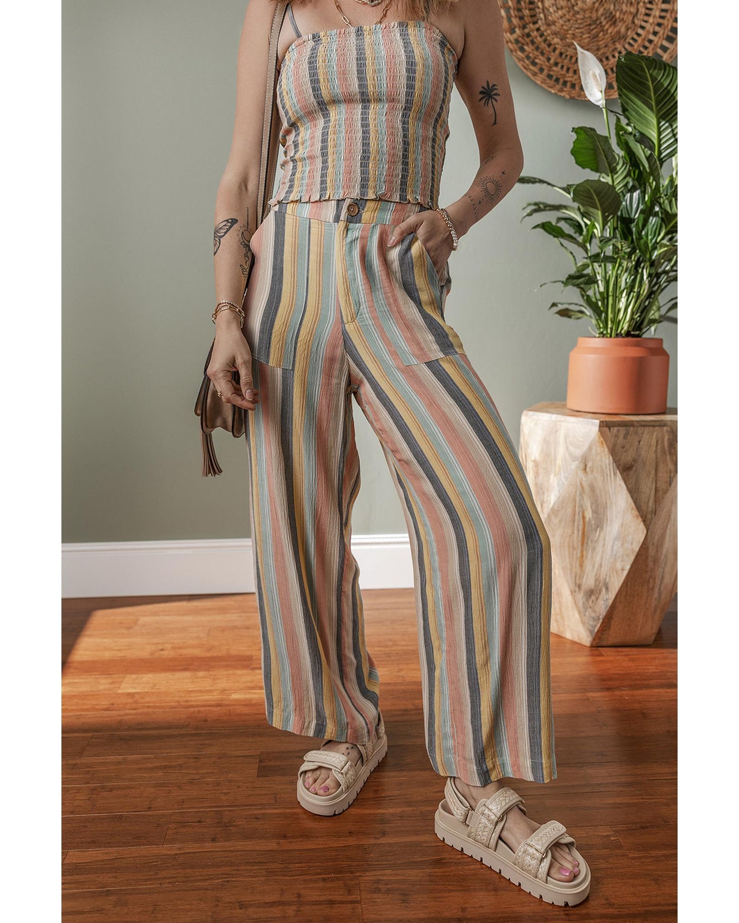 Multicolour Vertical Striped Smocked Cami Top Wide Leg Pants Set - XL