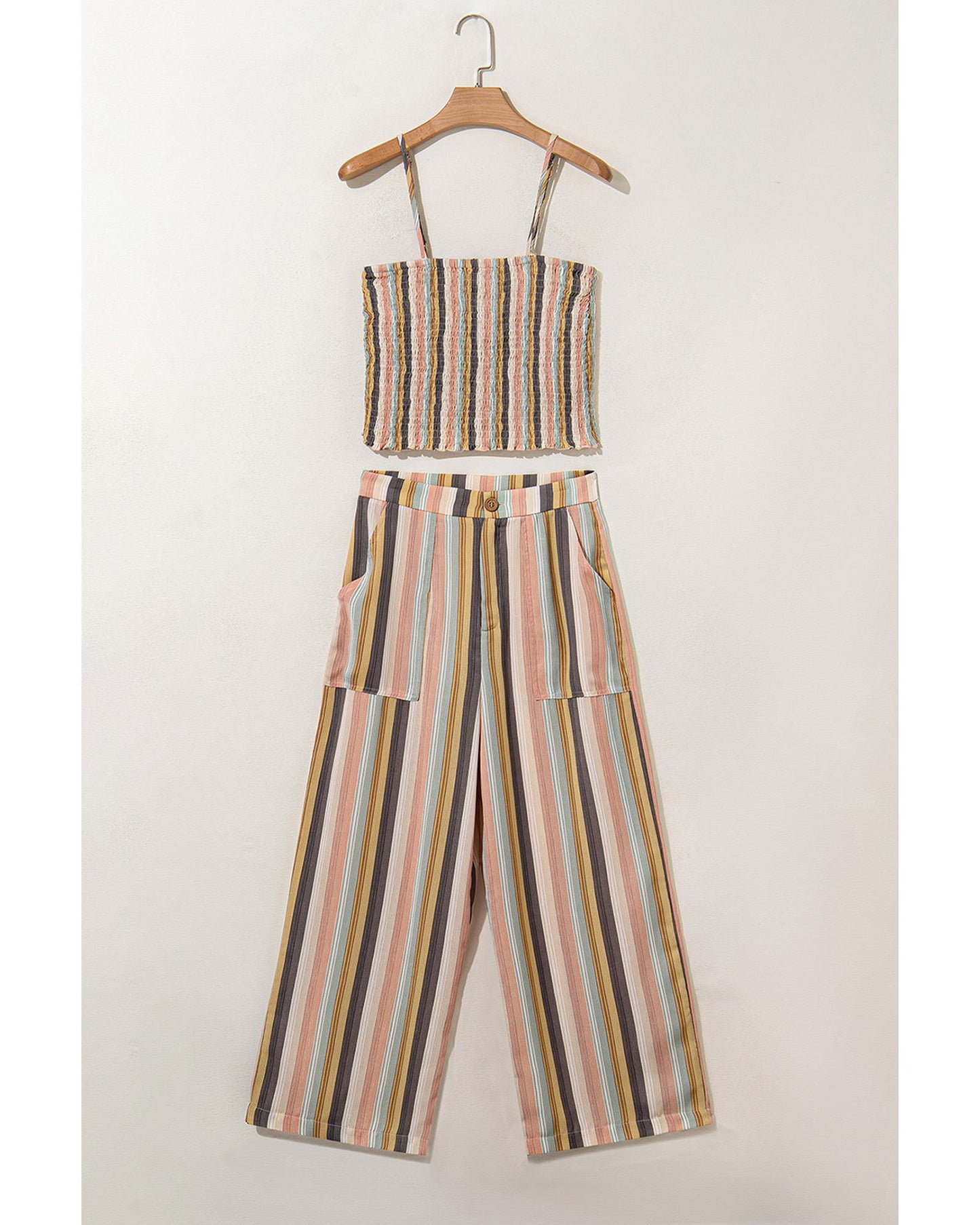 Multicolour Vertical Striped Smocked Cami Top Wide Leg Pants Set - XL