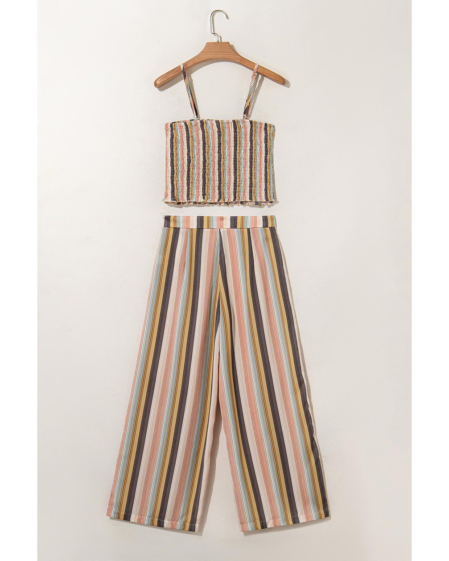 Multicolour Vertical Striped Smocked Cami Top Wide Leg Pants Set - XL