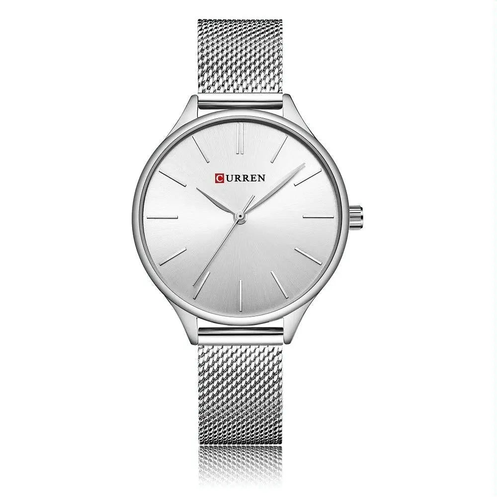 Waterproof Women Quartz Watch with Steel Strap - Casual Design - Gold Shell White Surface Femina Worldwide