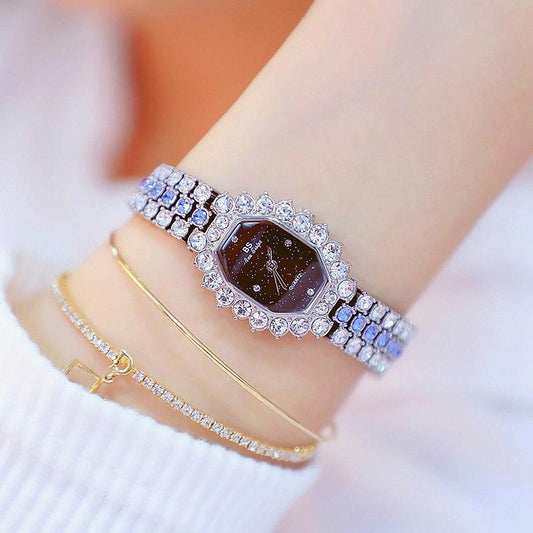 Women Diamond Plated Octagonal Quartz Watch with Rhinestone Bracelet - Silver Shell Blue Diamond
