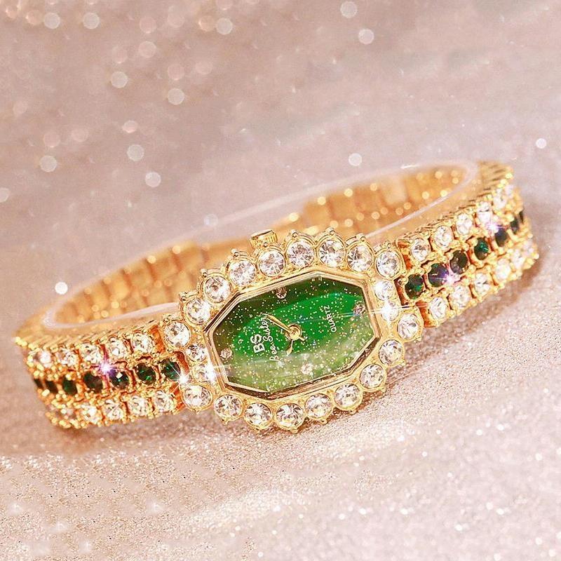 Women Diamond Plated Octagonal Quartz Watch with Rhinestone Bracelet - Silver Shell Blue Diamond