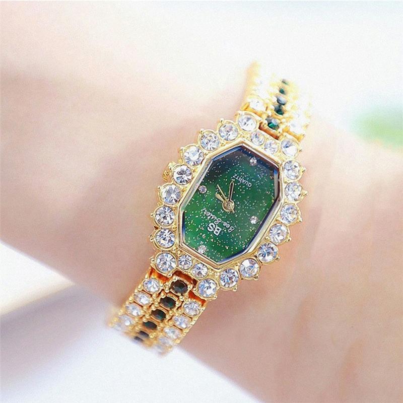 Women Diamond Plated Octagonal Quartz Watch with Rhinestone Bracelet - Silver Shell Blue Diamond
