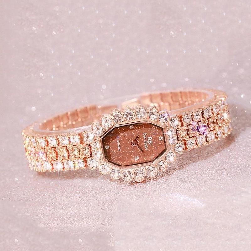 Women Diamond Plated Octagonal Quartz Watch with Rhinestone Bracelet - Silver Shell Blue Diamond
