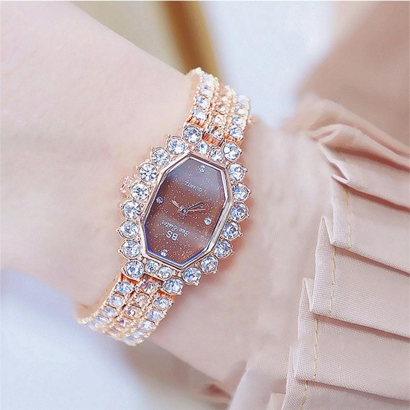 Women Diamond Plated Octagonal Quartz Watch with Rhinestone Bracelet - Silver Shell Blue Diamond