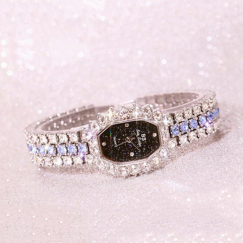 Women Diamond Plated Octagonal Quartz Watch with Rhinestone Bracelet - Silver Shell Blue Diamond