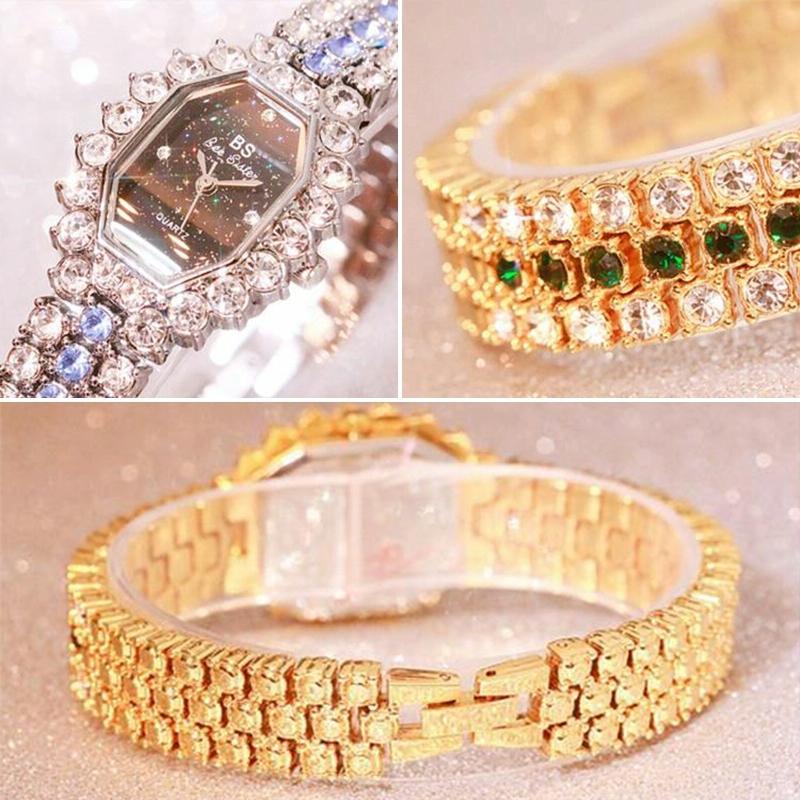 Women Diamond Plated Octagonal Quartz Watch with Rhinestone Bracelet - Silver Shell Blue Diamond