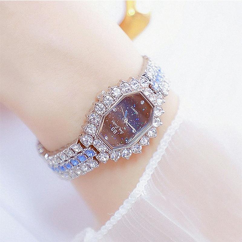Women Diamond Plated Octagonal Quartz Watch with Rhinestone Bracelet - Silver Shell Blue Diamond