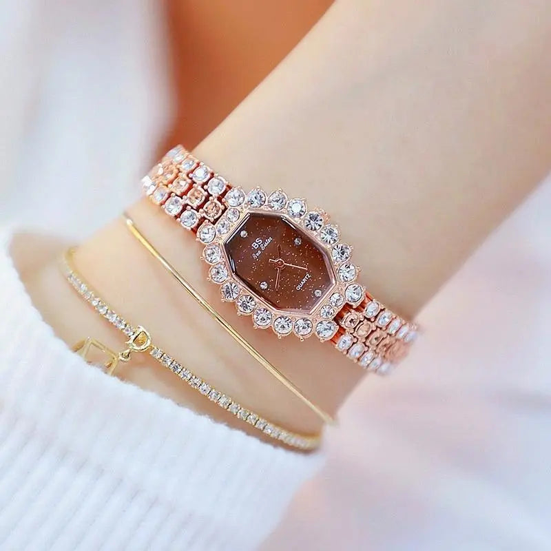 Women Diamond Plated Octagonal Quartz Watch with Rhinestone Bracelet - Silver Shell Blue Diamond Femina Worldwide