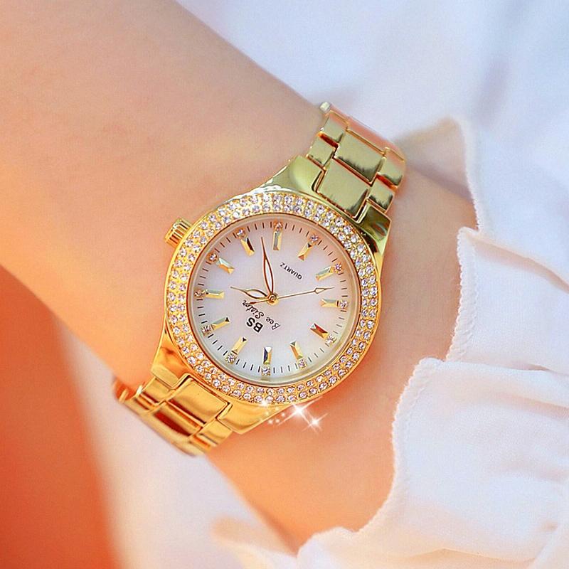 Women Round Diamond Watch with Alloy Strap - Interval Gold