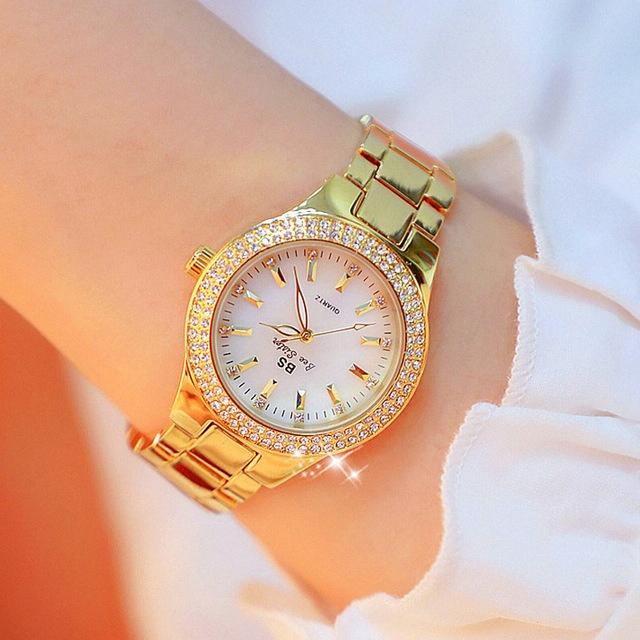 Women Round Diamond Watch with Alloy Strap - Interval Gold