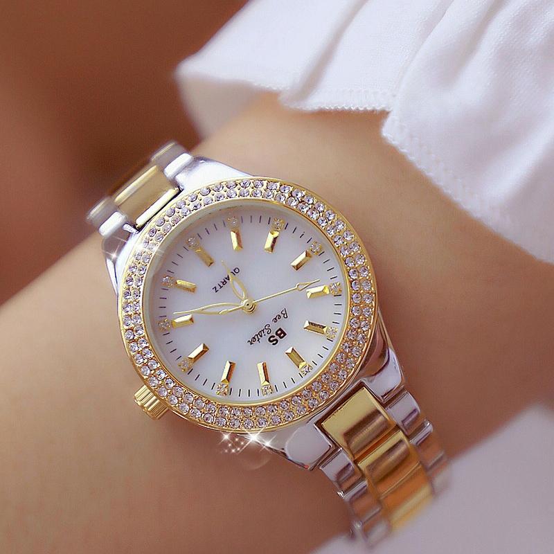 Women Round Diamond Watch with Alloy Strap - Interval Gold