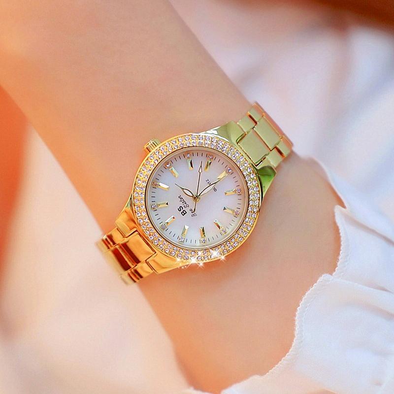 Women Round Diamond Watch with Alloy Strap - Interval Gold