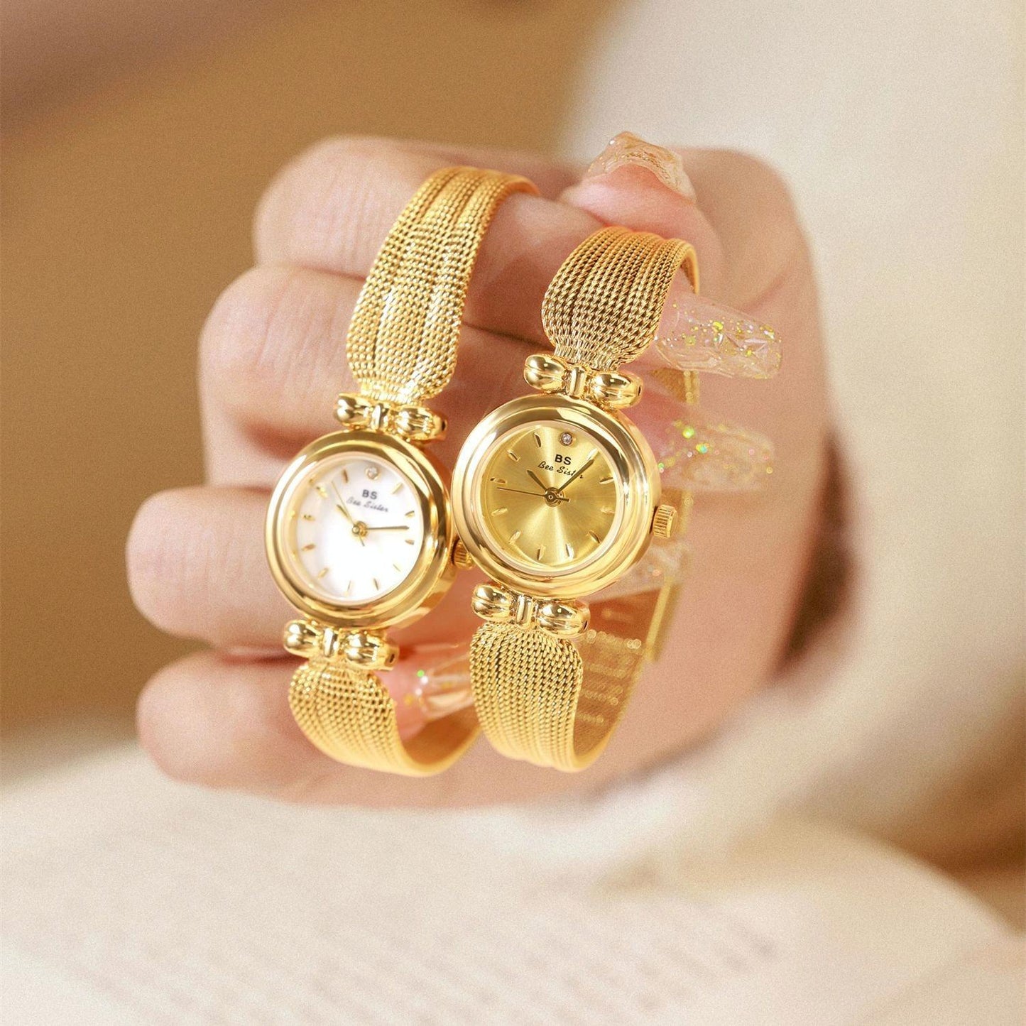 Retro Butterfly Mesh Watch for Women - 22mm Stainless Steel Strap - Golden White