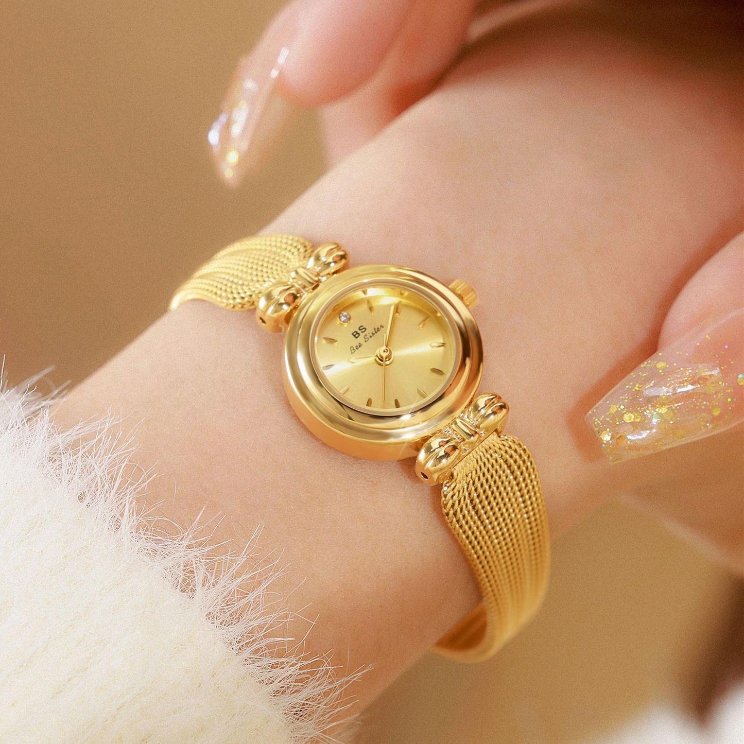 Retro Butterfly Mesh Watch for Women - 22mm Stainless Steel Strap - Golden White