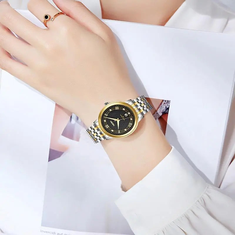 Waterproof Quartz Watch with Stainless Steel Buckle Strap for Women - Gold And Black Femina Worldwide