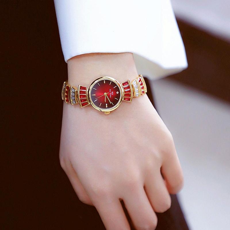 Women Diamond Symphony Wrist Watch with Inlaid Diamonds - Silver -Red