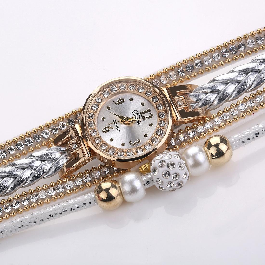 Women Beige Woven Pearl Bracelet Watch - Round Analog Quartz - Red