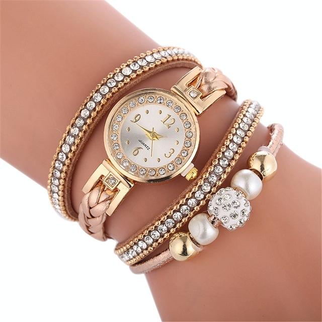 Women Beige Woven Pearl Bracelet Watch - Round Analog Quartz - Red