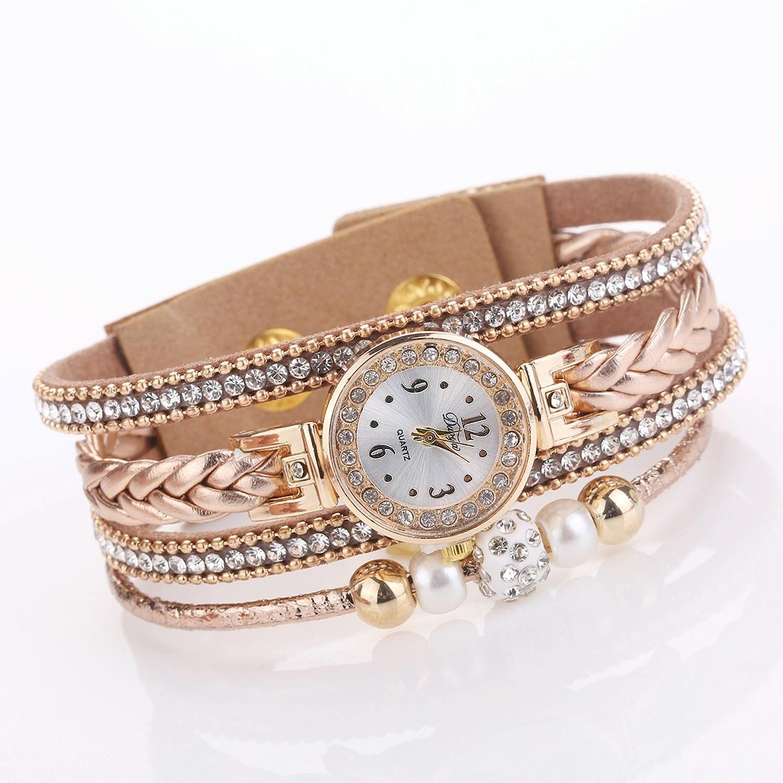 Women Beige Woven Pearl Bracelet Watch - Round Analog Quartz - Red