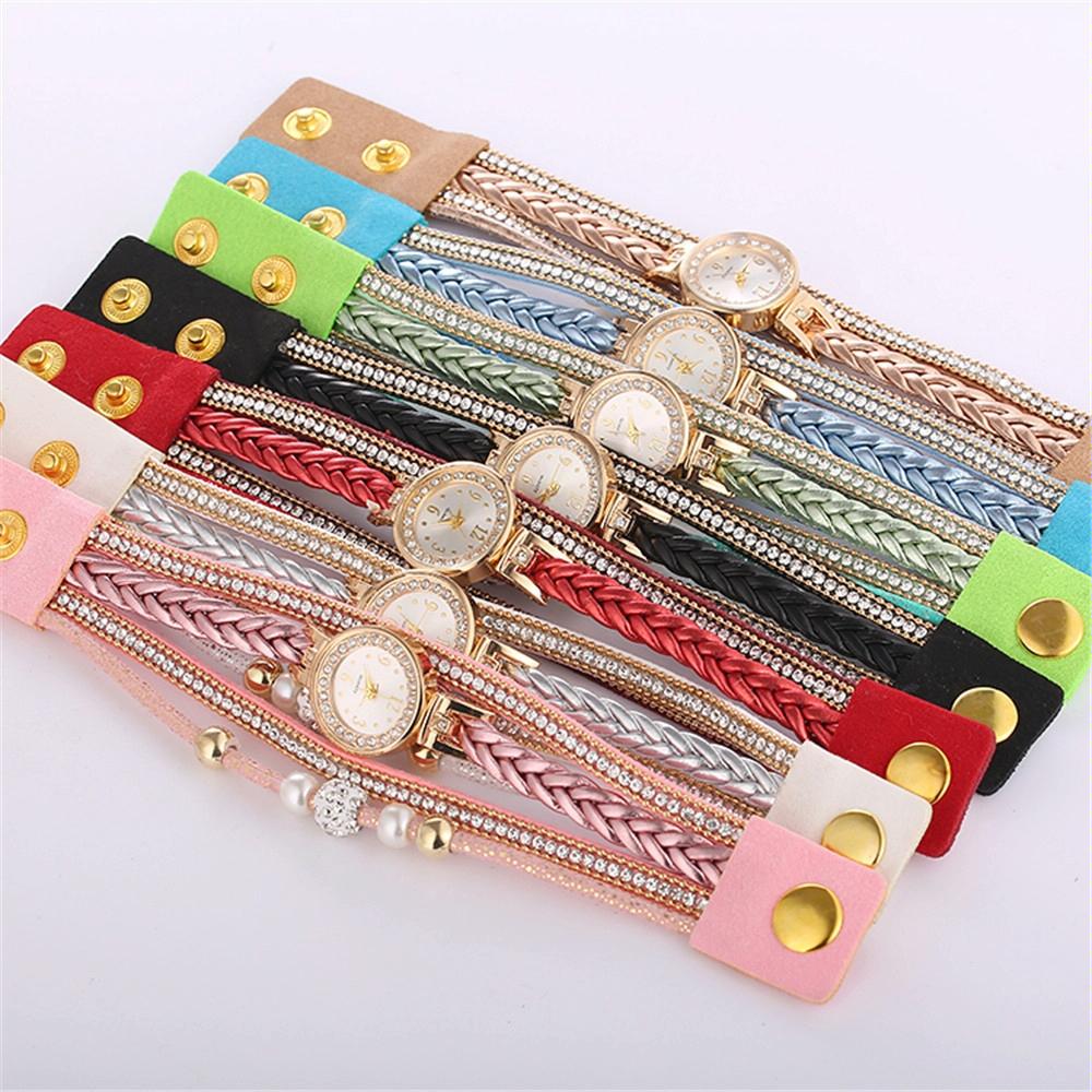 Women Beige Woven Pearl Bracelet Watch - Round Analog Quartz - Red