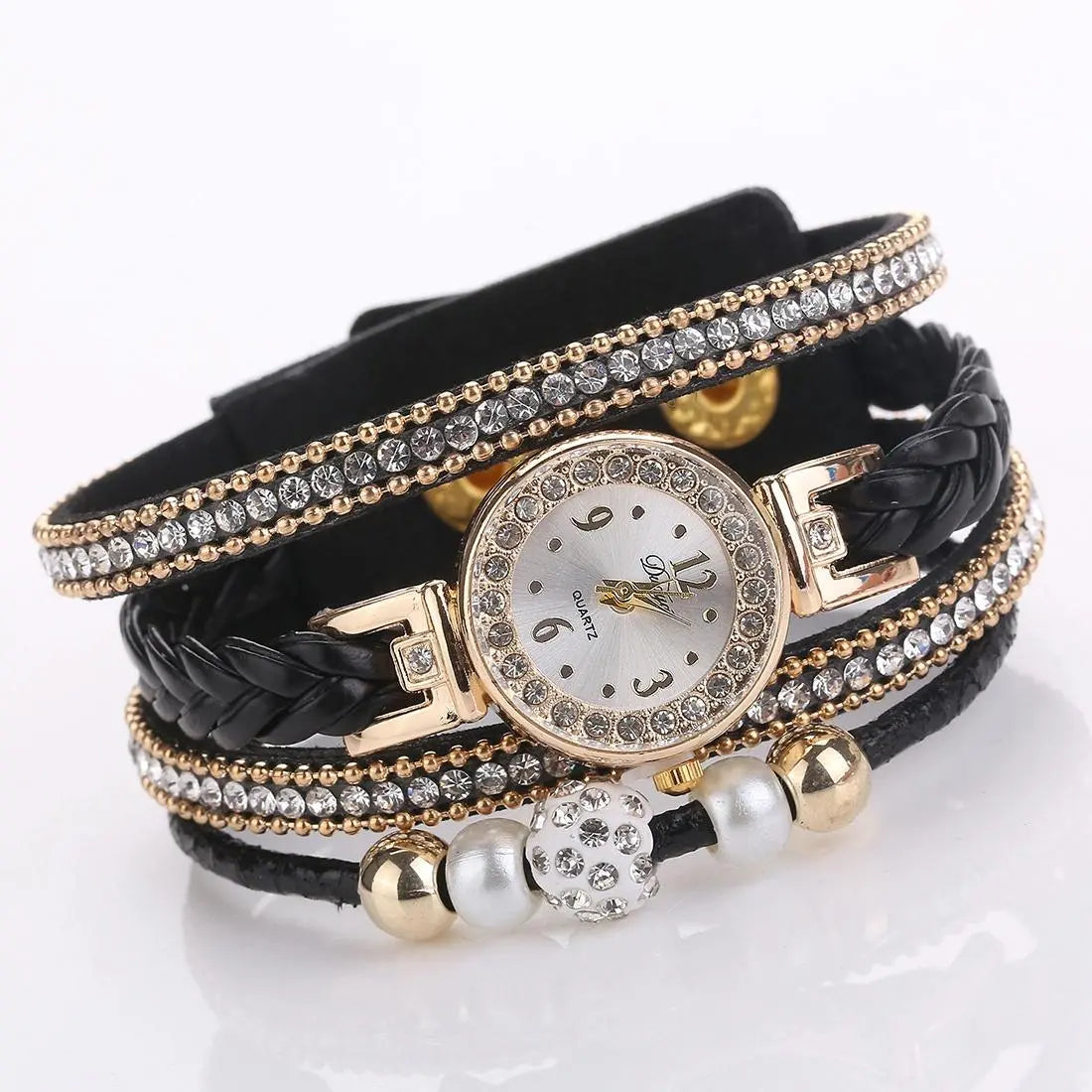 Women Beige Woven Pearl Bracelet Watch - Round Analog Quartz - Red Femina Worldwide