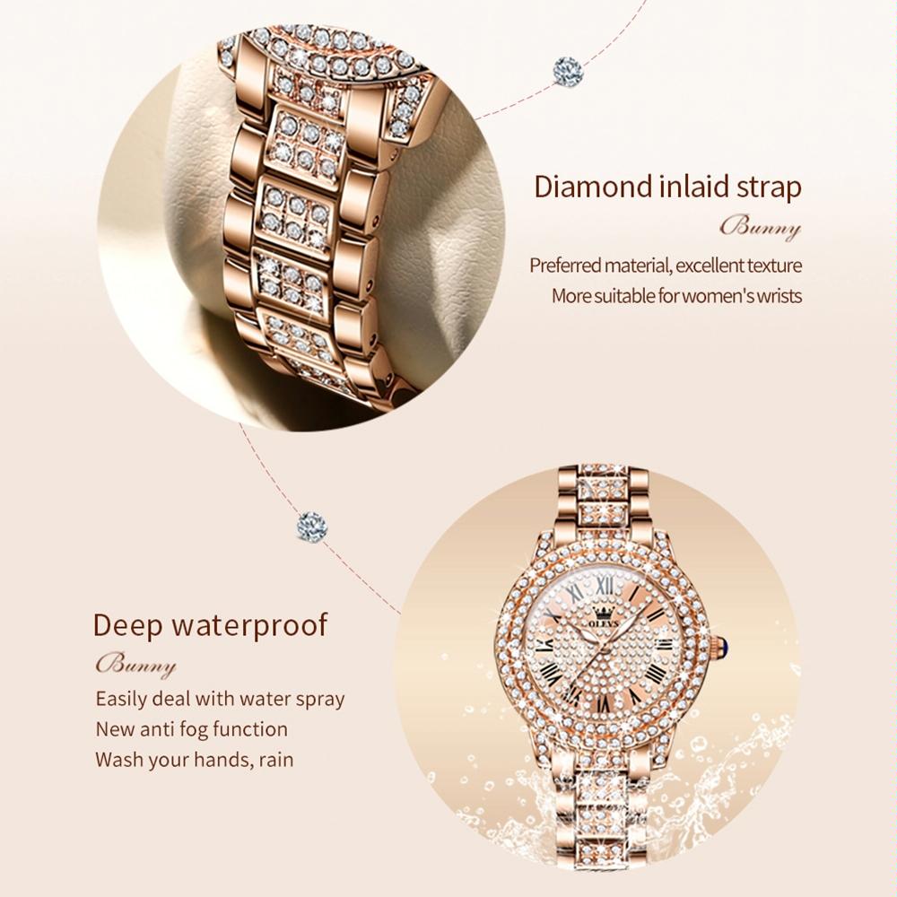 Waterproof Diamond Women Quartz Watch - Rose Gold Roman