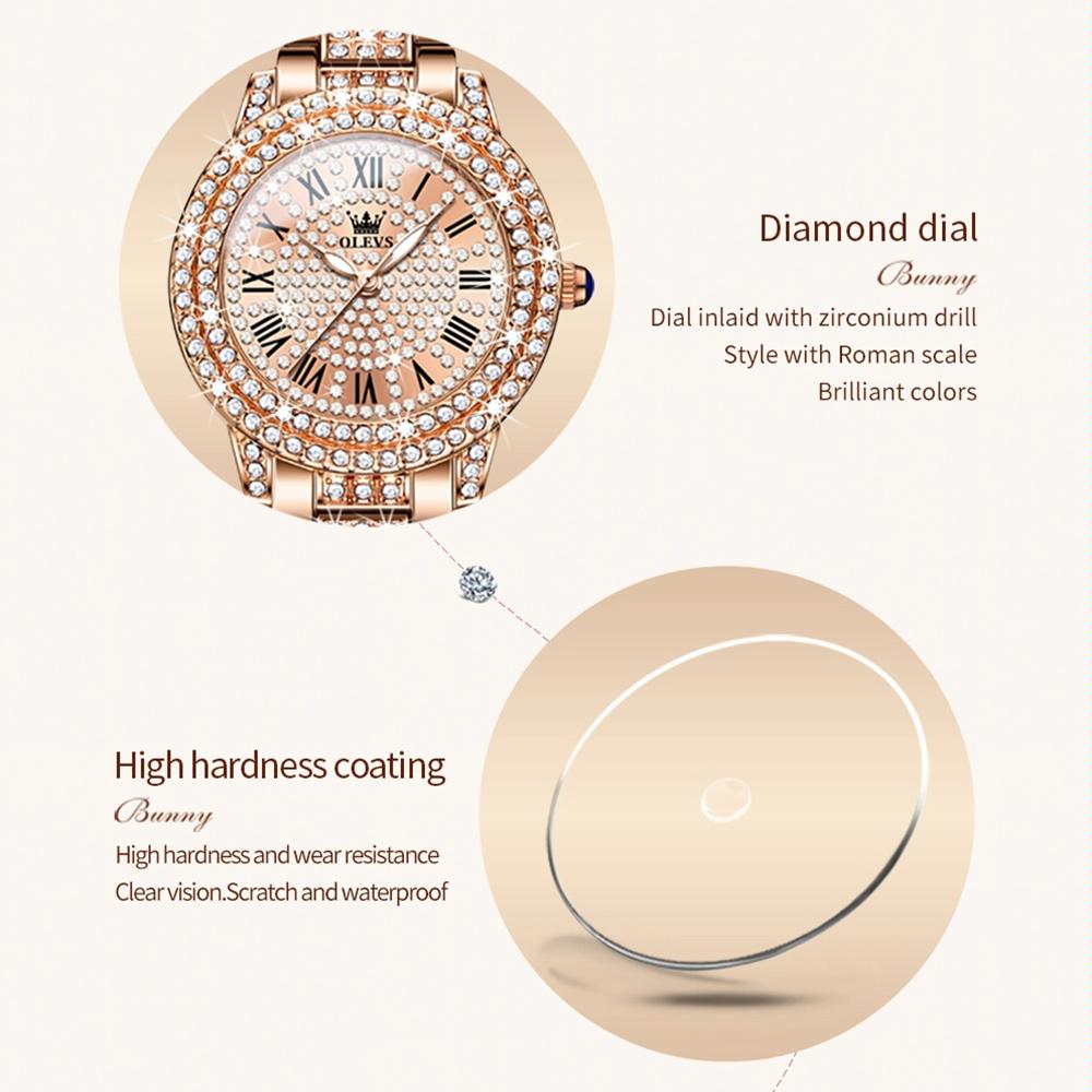 Waterproof Diamond Women Quartz Watch - Rose Gold Roman