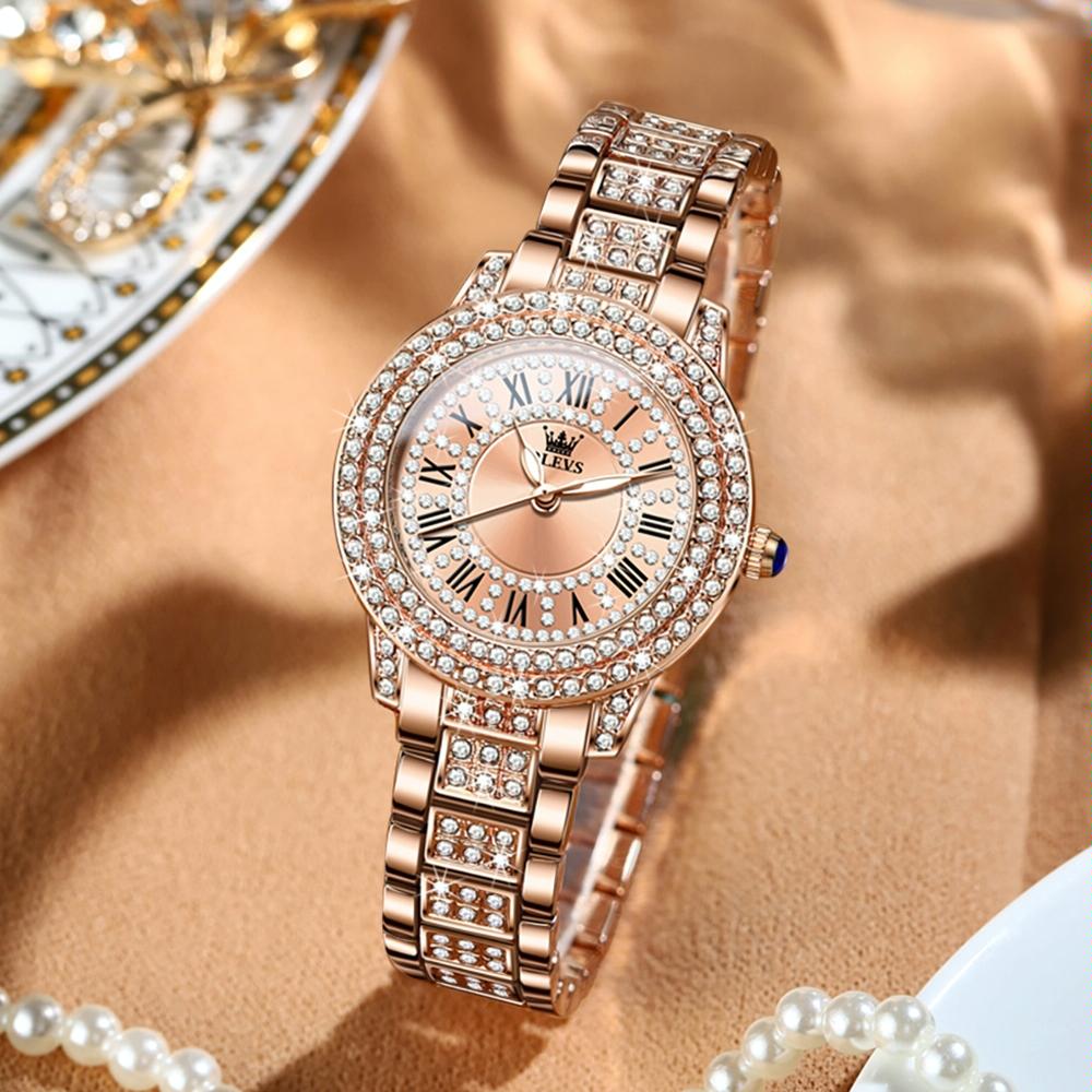 Waterproof Diamond Women Quartz Watch - Rose Gold Roman