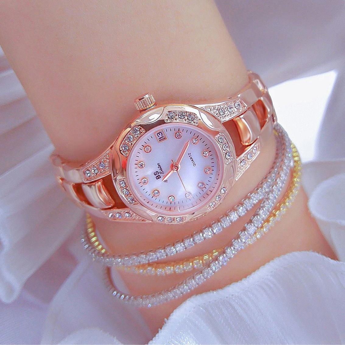 Women Diamond Chain Watch with Calendar - Small Round Design - Gold