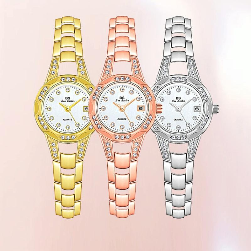 Women Diamond Chain Watch with Calendar - Small Round Design - Gold