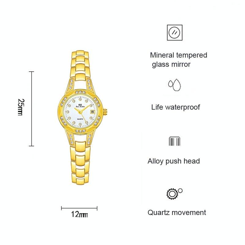 Women Diamond Chain Watch with Calendar - Small Round Design - Gold